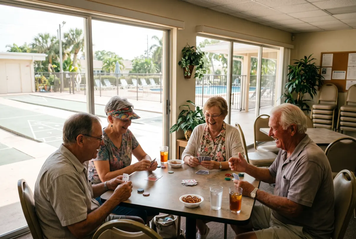 Residents playing cards in a community clubhouse