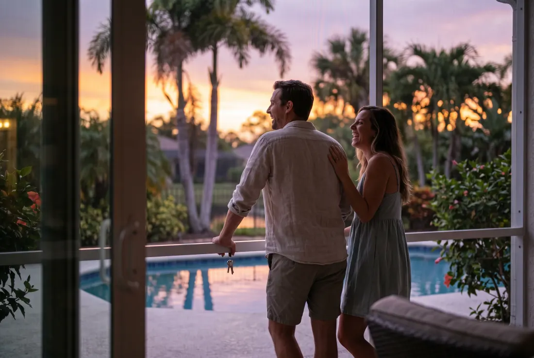 Couple holding new house keys on their lanai at sunset