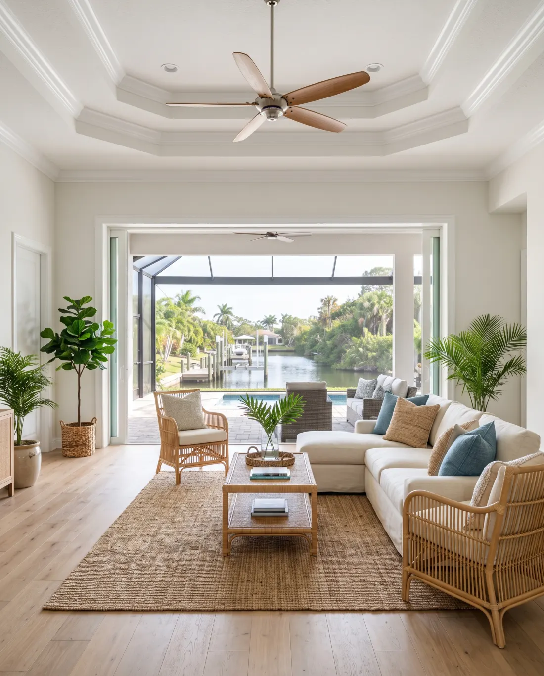 Bright coastal great room opening to a canal