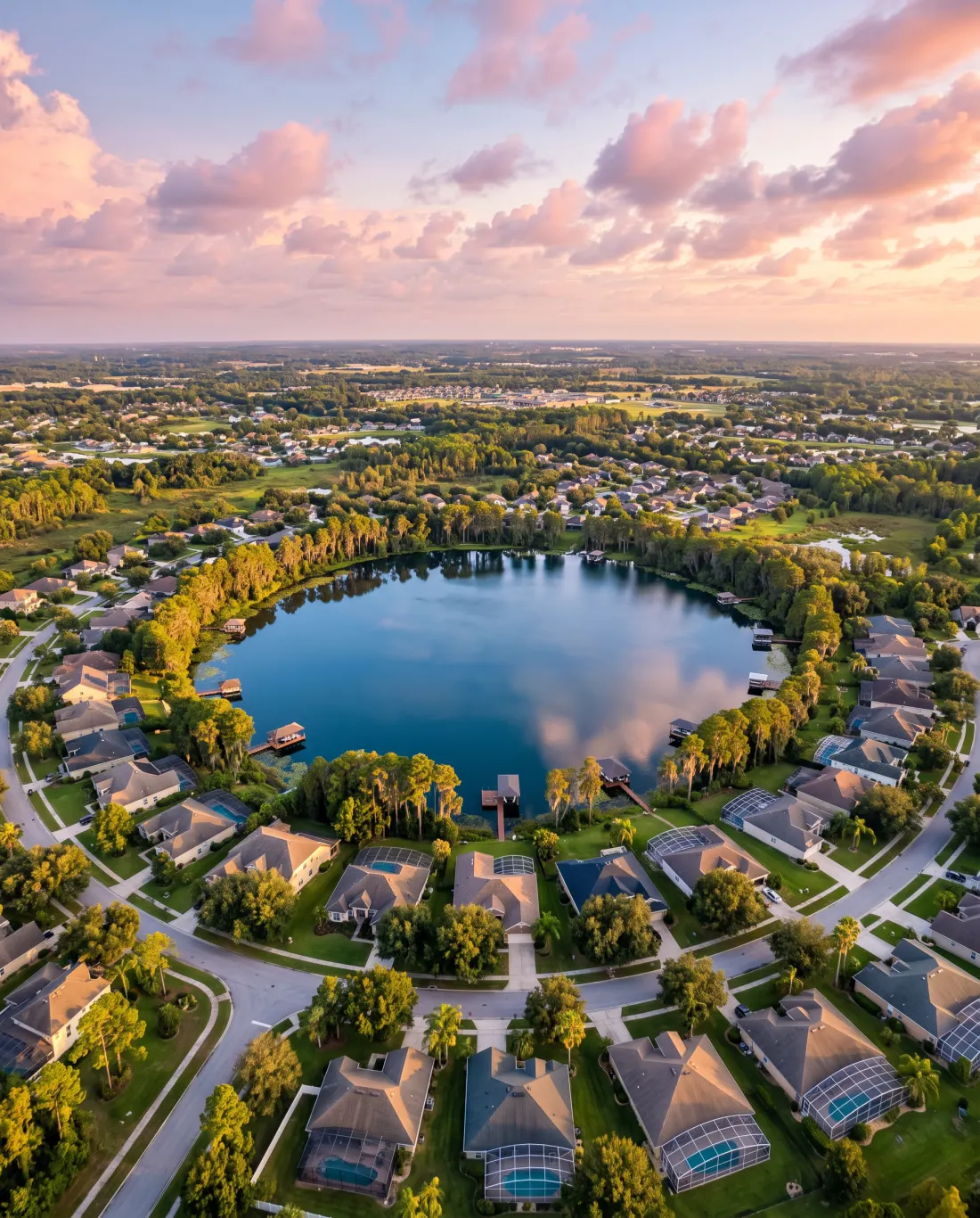 Aerial of lakefront homes around a round blue lake
