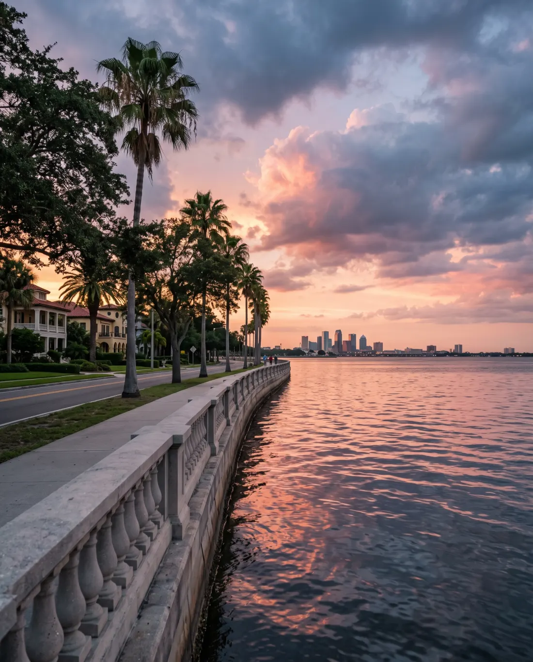 Bayshore promenade at sunset with city skyline