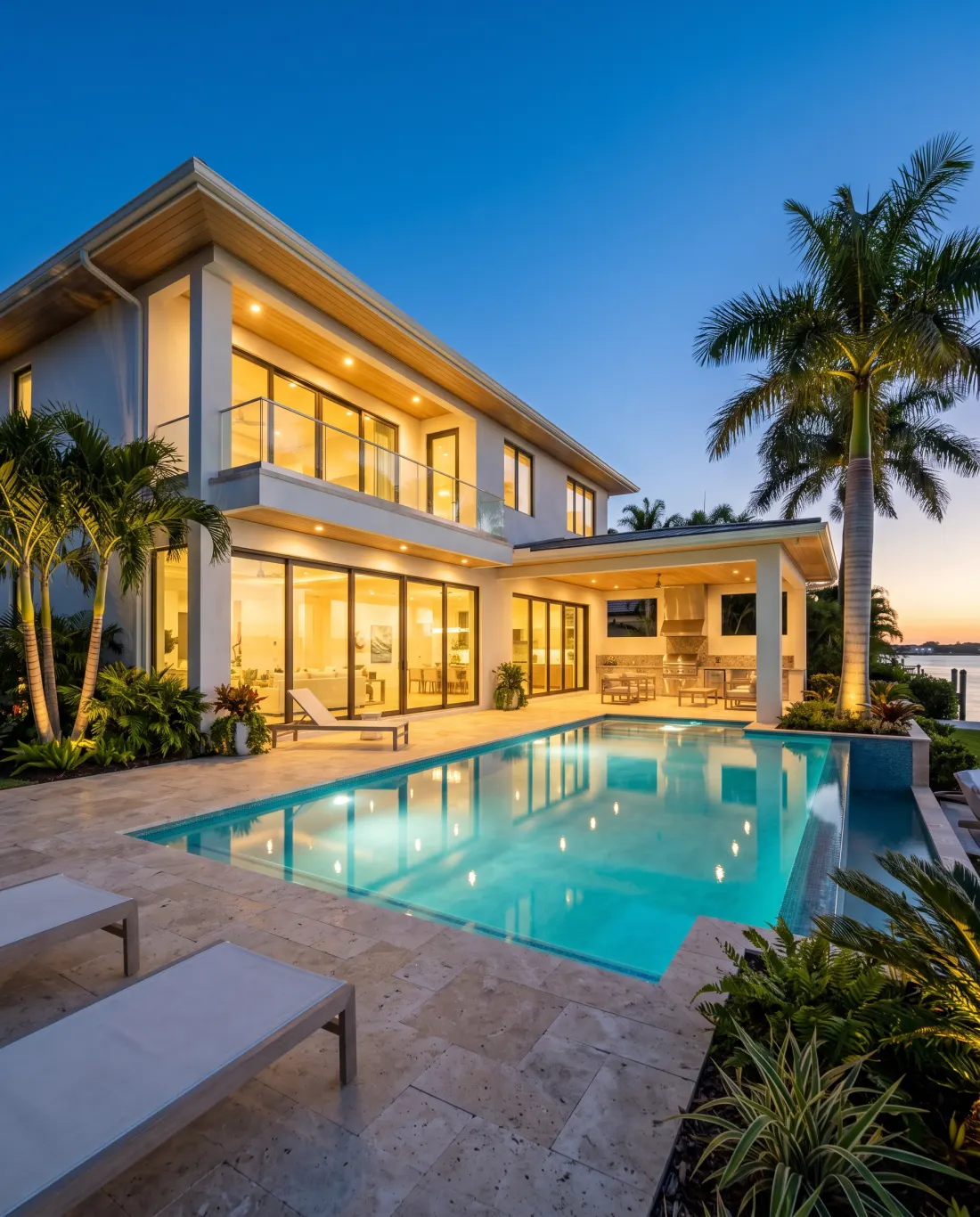 Modern white home with lit pool at twilight